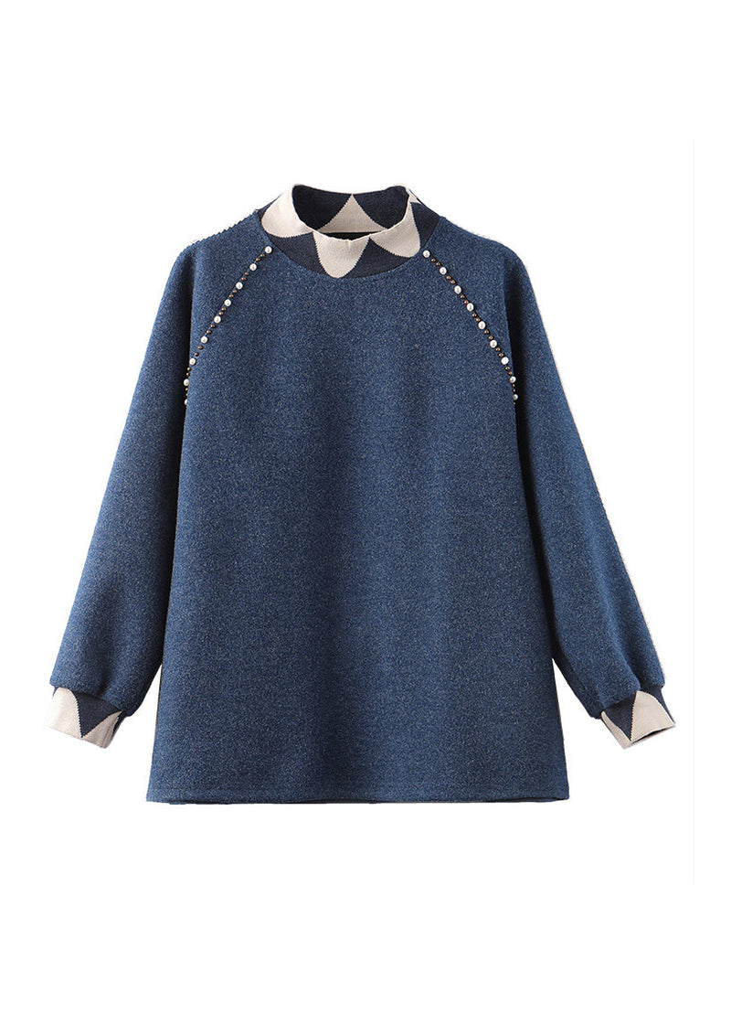 Navy Nail Bead Thick Patchwork Woolen Knitted Tops Winter