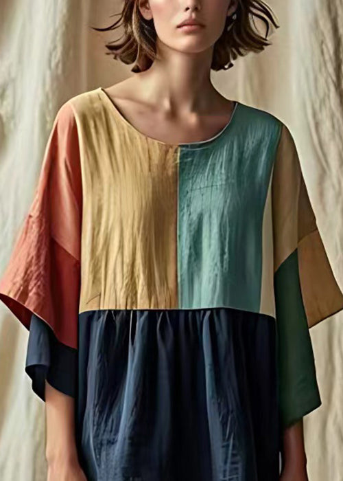 Navy O Neck Patchwork Linen Dress Half Sleeve