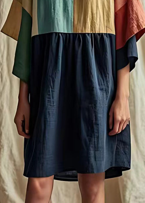 Navy O Neck Patchwork Linen Dress Half Sleeve