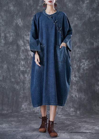 Navy Oversized Chinese Button Denim Maxi Dress Fall