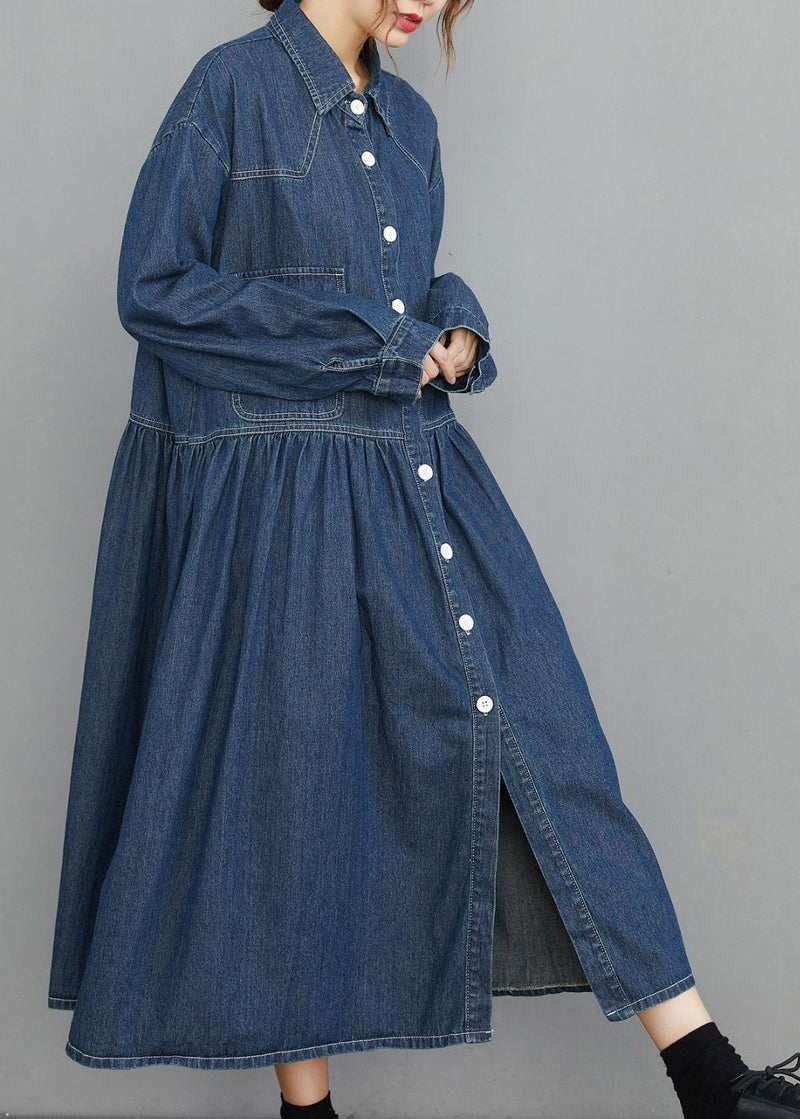 Navy Peter Pan Collar Button Pockets Wrinkled Denim Dress Spring