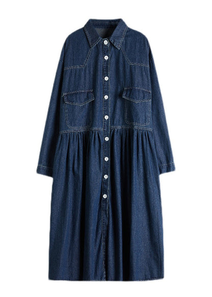 Navy Peter Pan Collar Button Pockets Wrinkled Denim Dress Spring