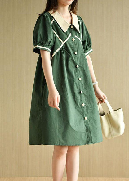 Navy Peter Pan Collar Button Summer Cotton Dress Short Sleeve