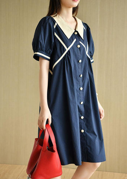 Navy Peter Pan Collar Button Summer Cotton Dress Short Sleeve