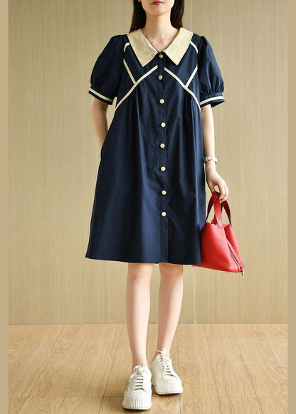 Navy Peter Pan Collar Button Summer Cotton Dress Short Sleeve