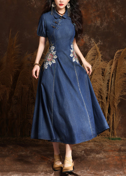Navy Peter Pan Collar Embroidered Button Denim Maxi Dresses Summer
