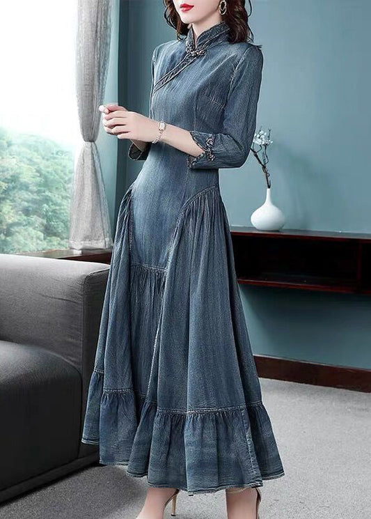 Navy Stand Collar Asymmetrical Design Ruffles Cotton Denim Dresses Long Sleeve