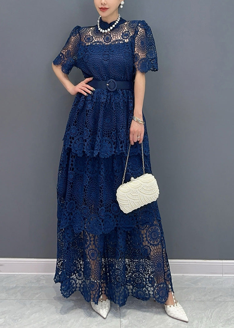 Navy V Neck Sashes Hollow Out Lace Long Dresses Summer