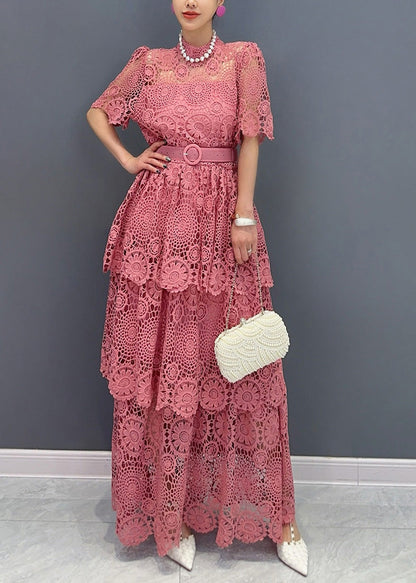 Navy V Neck Sashes Hollow Out Lace Long Dresses Summer
