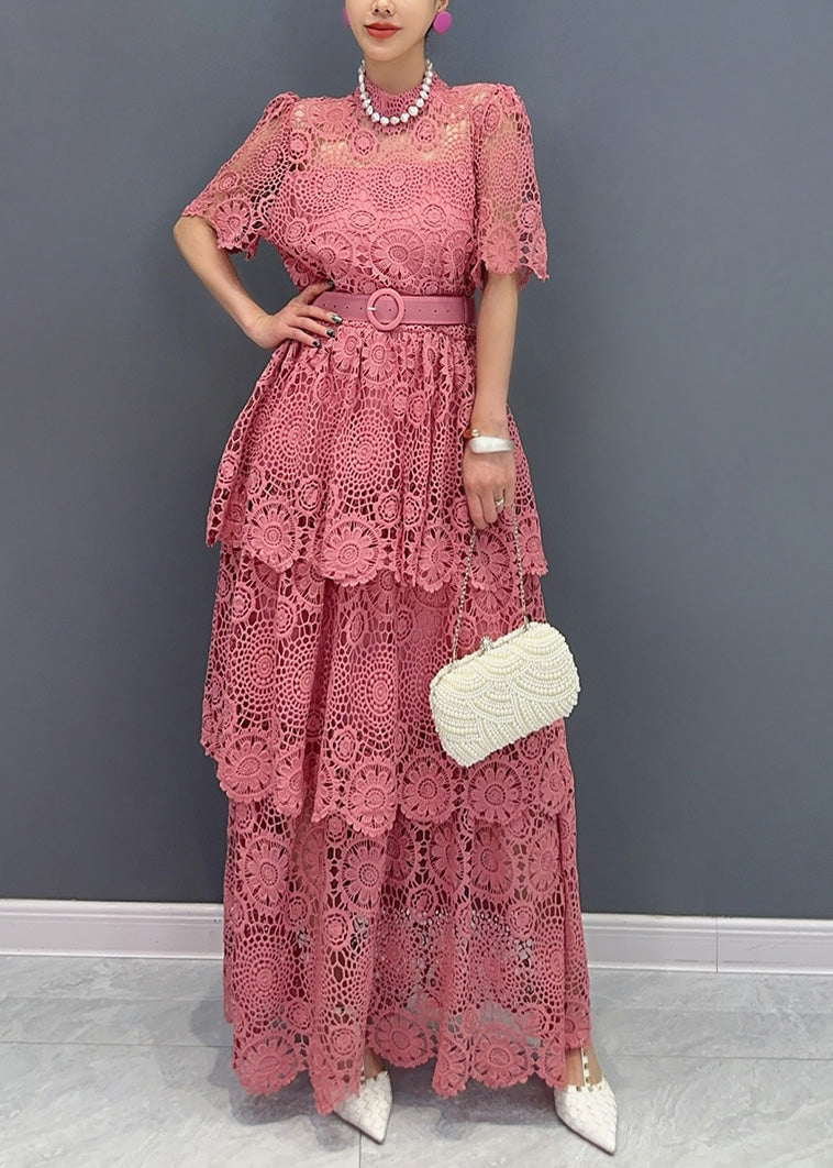 Navy V Neck Sashes Hollow Out Lace Long Dresses Summer