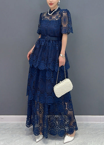 Navy V Neck Sashes Hollow Out Lace Long Dresses Summer