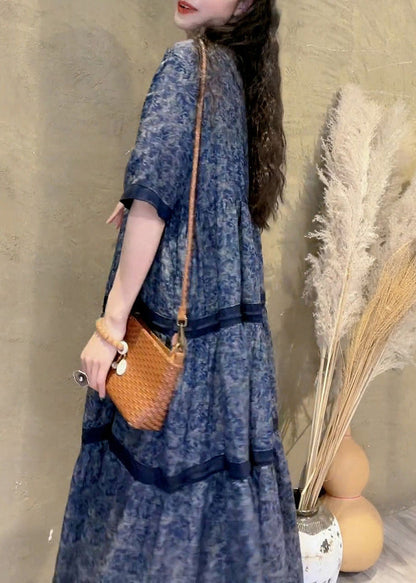 O-neck Print Patchwork Wrinkled Maxi Dress Summer
