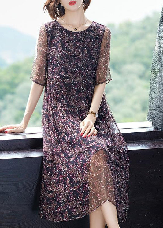 O-neck Print Wrinkled Silk Long Dresses Short Sleeve