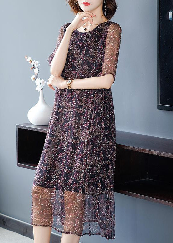 O-neck Print Wrinkled Silk Long Dresses Short Sleeve