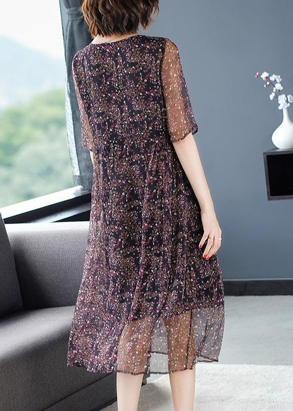 O-neck Print Wrinkled Silk Long Dresses Short Sleeve