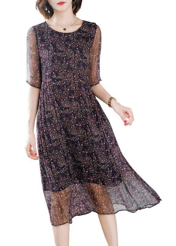 O-neck Print Wrinkled Silk Long Dresses Short Sleeve