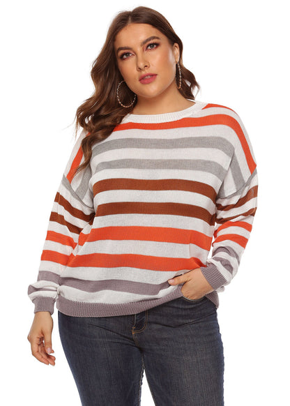 O-neck Striped Patchwork Knit Sweater Long Sleeve
