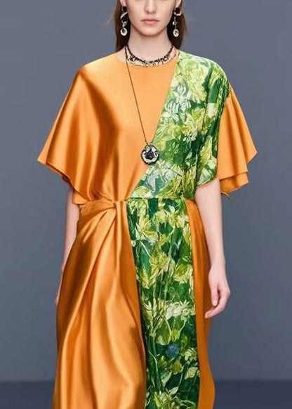 Orange Asymmetrical Patchwork Print Silk Dress Summer