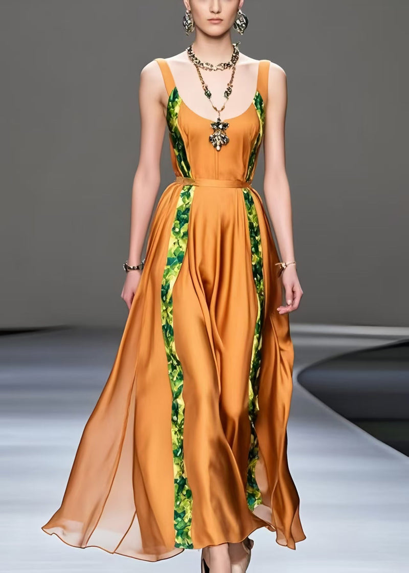 Orange Cinched Patchwork Silk Sundress Summer