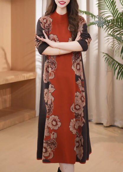 Orange O Neck Print Cozy Long Knit Dress Winter