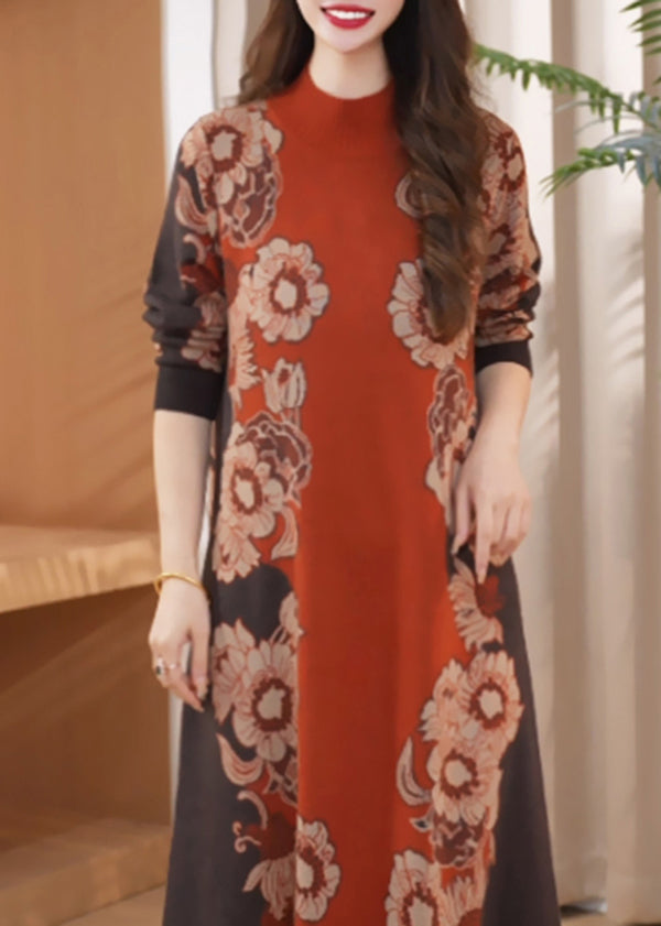 Orange O Neck Print Cozy Long Knit Dress Winter