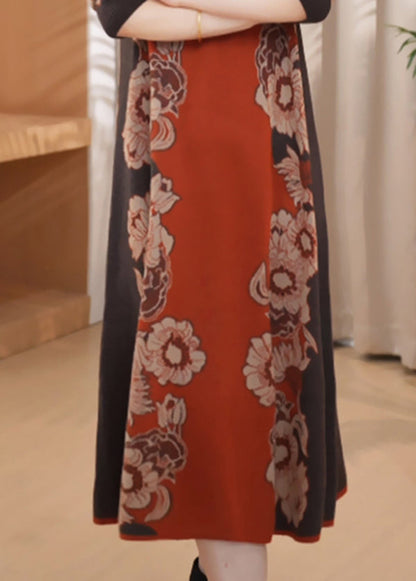 Orange O Neck Print Cozy Long Knit Dress Winter