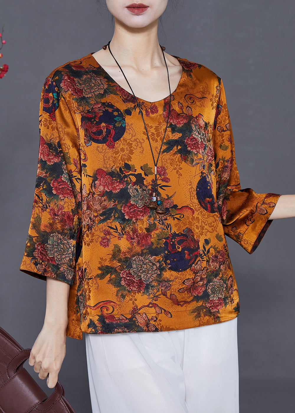 Orange Oversized Print Silk Top Bracelet Sleeve