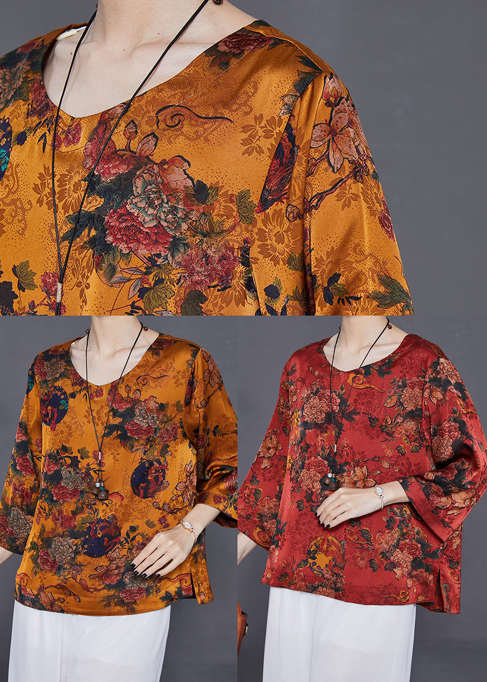 Orange Oversized Print Silk Top Bracelet Sleeve
