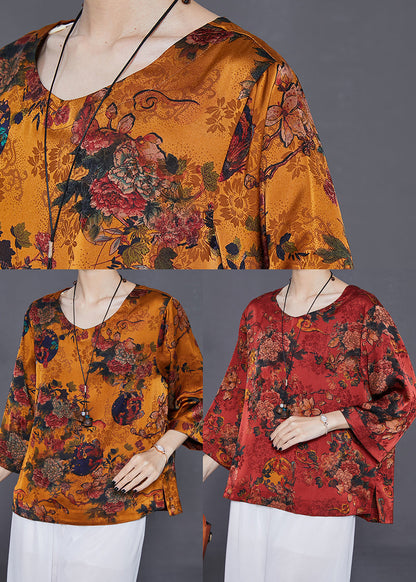 Orange Oversized Print Silk Top Bracelet Sleeve