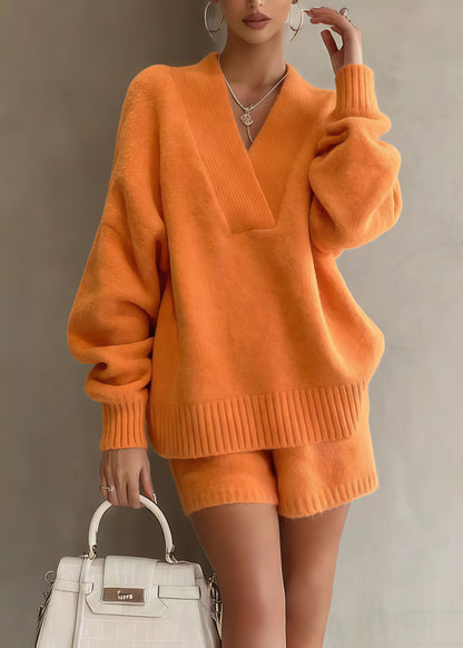 Orange Oversized Warm Knit Sweaters and Shorts Two Piece Set Winter