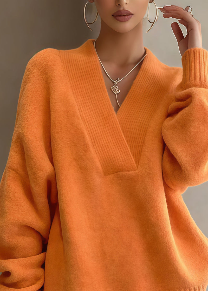 Orange Oversized Warm Knit Sweaters and Shorts Two Piece Set Winter