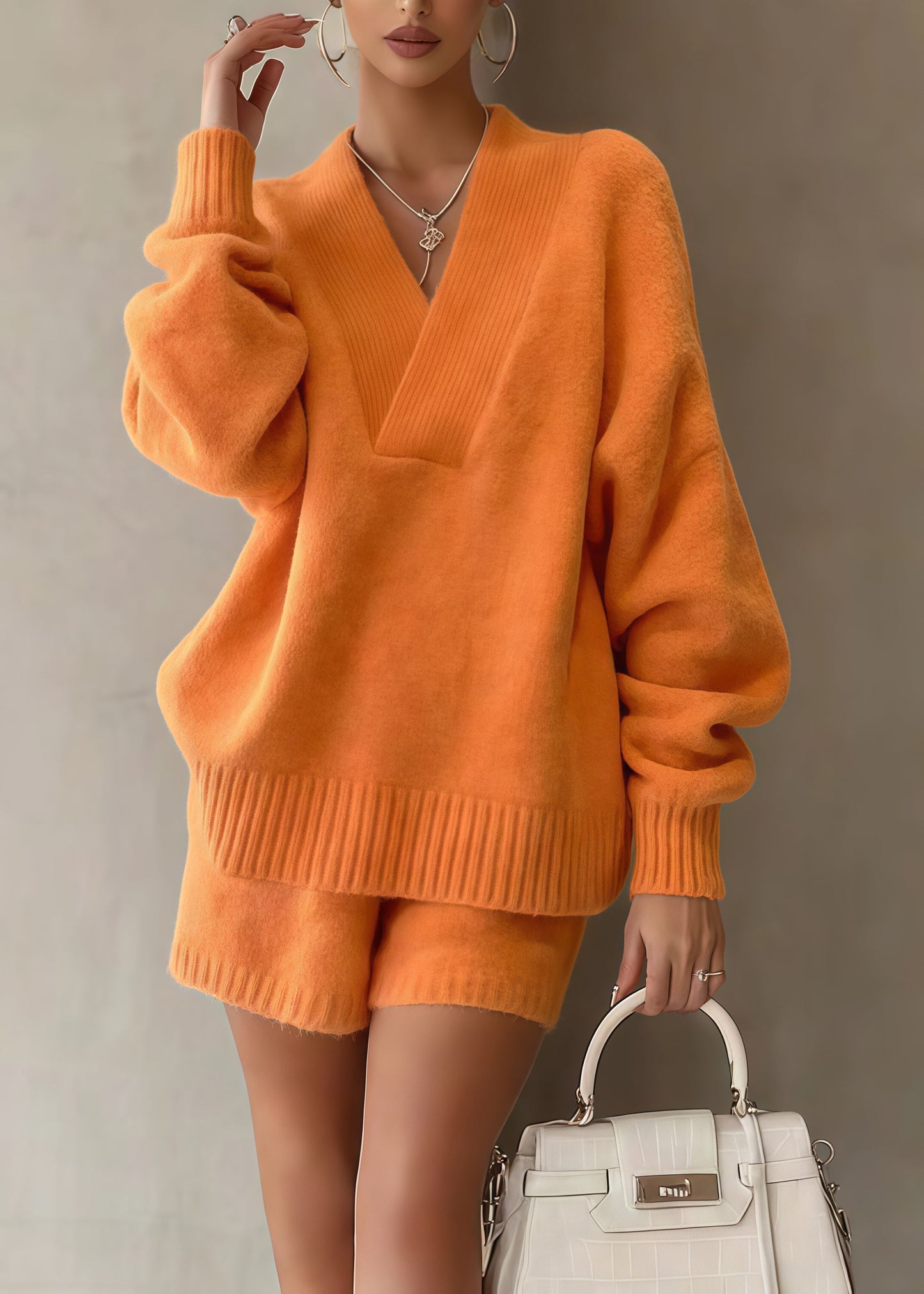 Orange Oversized Warm Knit Sweaters and Shorts Two Piece Set Winter