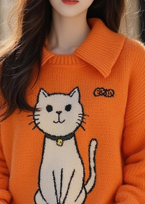 Orange Peter Pan Collar Cats Knitted Sweater Tops Spring