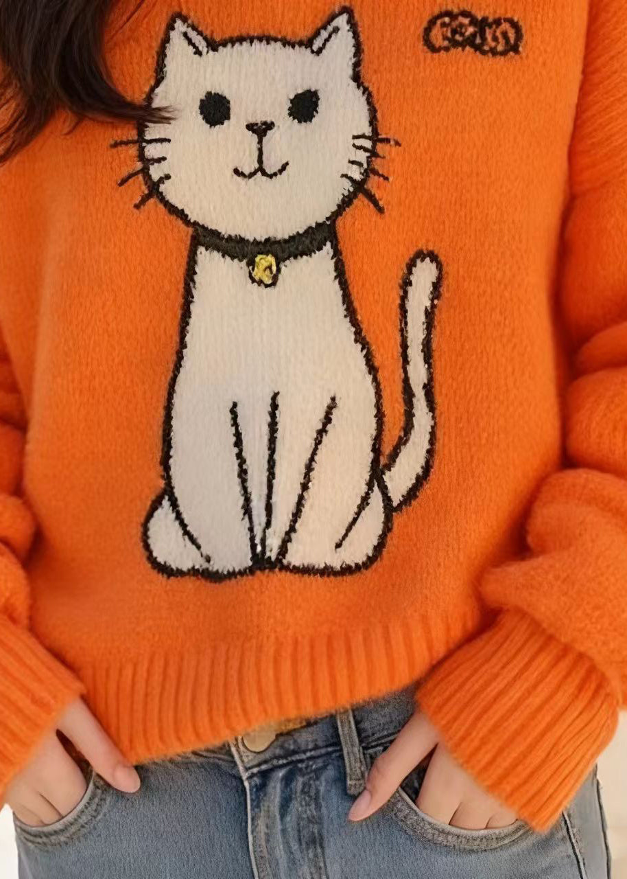 Orange Peter Pan Collar Cats Knitted Sweater Tops Spring