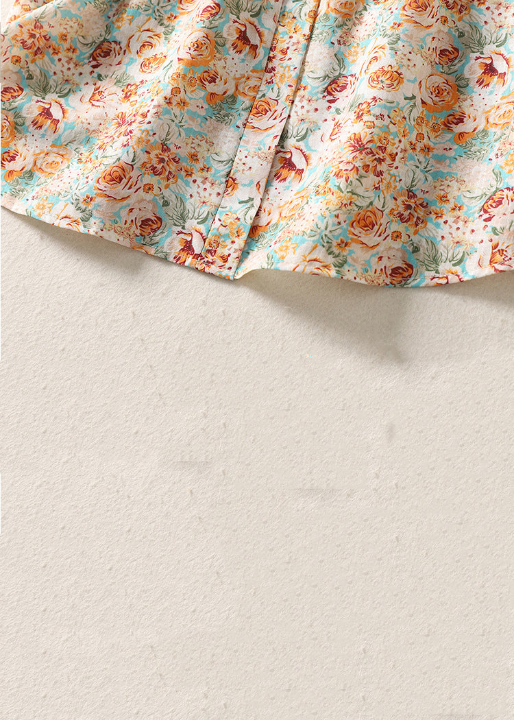 Orange Peter Pan Collar Print Cotton Shirt Summer