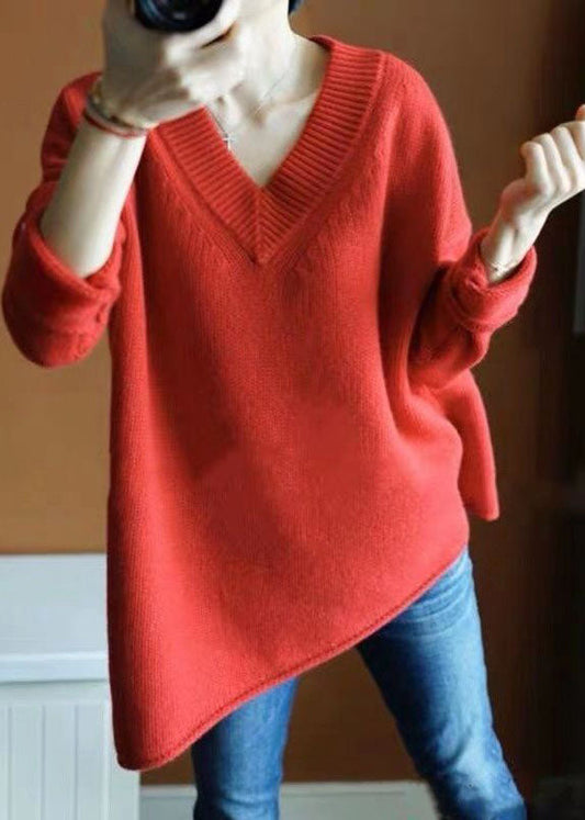 Orange Red V Neck Asymmetrical Knit Pullover Top Winter