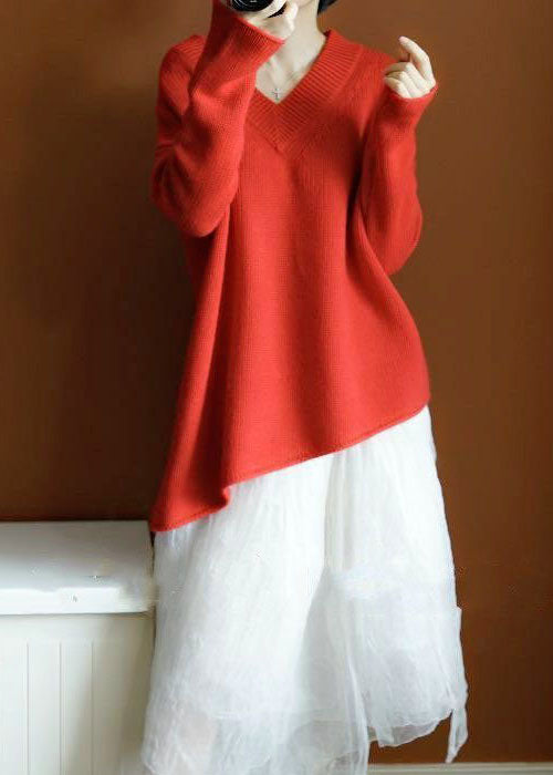 Orange Red V Neck Asymmetrical Knit Pullover Top Winter