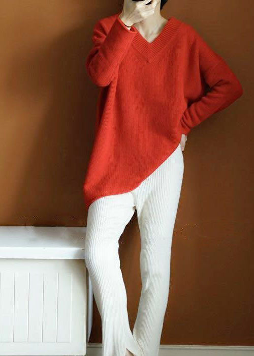 Orange Red V Neck Asymmetrical Knit Pullover Top Winter