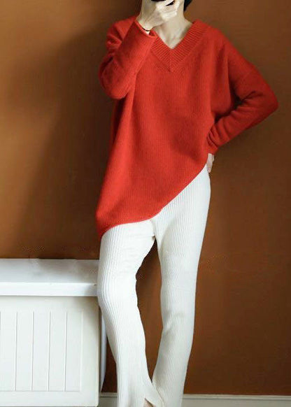 Orange Red V Neck Asymmetrical Knit Pullover Top Winter