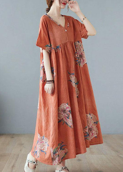 Orange Red V Neck Patchwork Summer Ankle Dress Half Sleeve