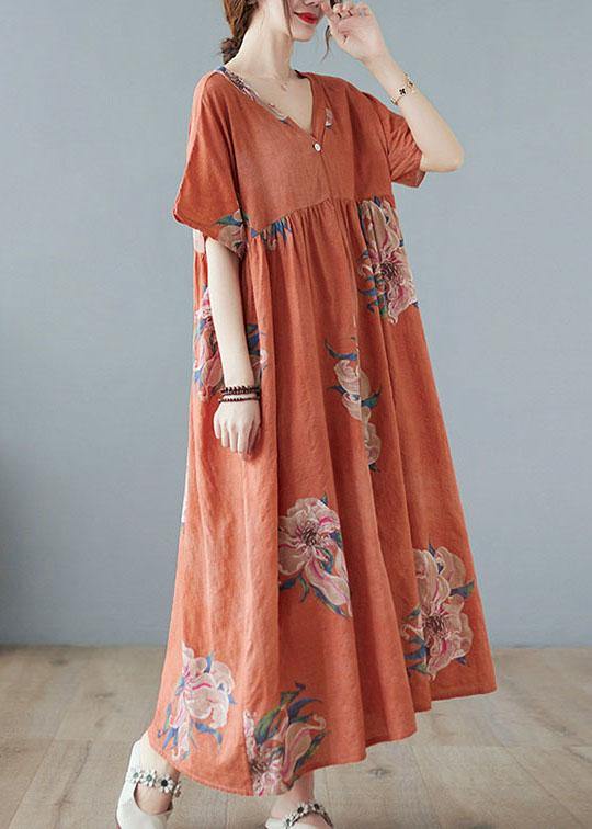 Orange Red V Neck Patchwork Summer Ankle Dress Half Sleeve