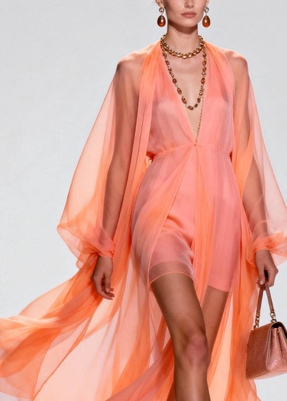 Orange V Neck Patchwork Chiffon Two Pieces Set Summer