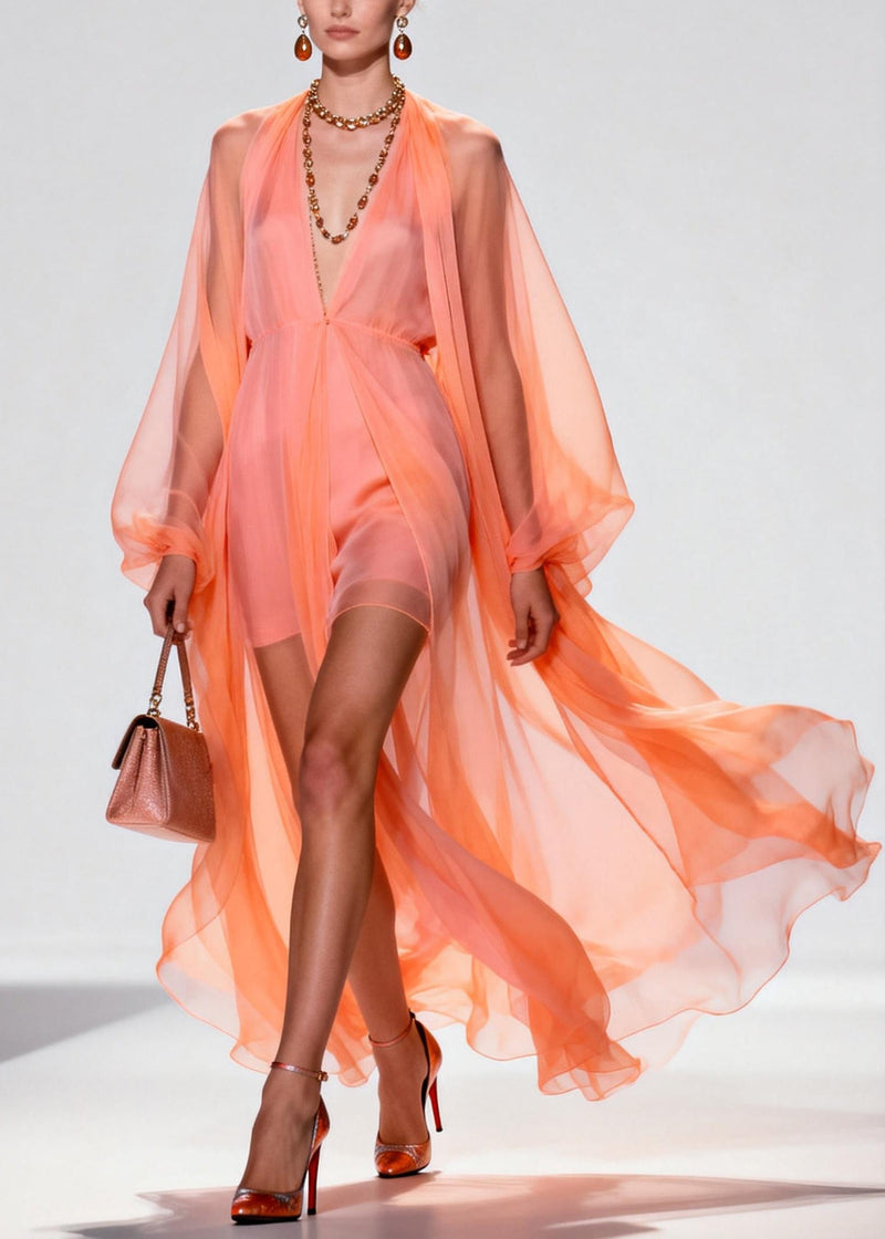 Orange V Neck Patchwork Chiffon Two Pieces Set Summer