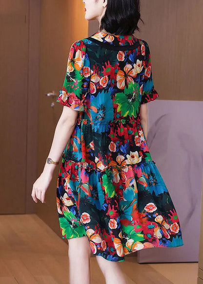 Peter Pan Collar Print Pockets Wrinkled Silk Mid Dresses Short Sleeve