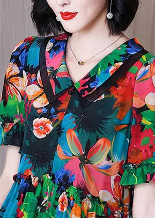 Peter Pan Collar Print Pockets Wrinkled Silk Mid Dresses Short Sleeve