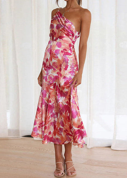 Pink Asymmetrical Print Cotton Spaghetti Strap Dress Sleeveless