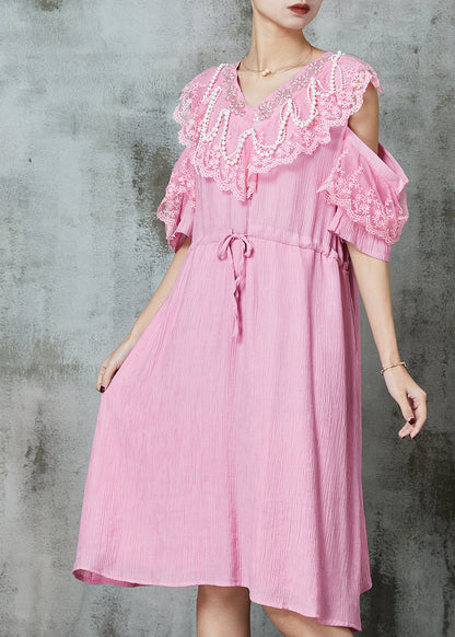 Pink Cold Shoulder Patchwork Chiffon Holiday Dress Summer