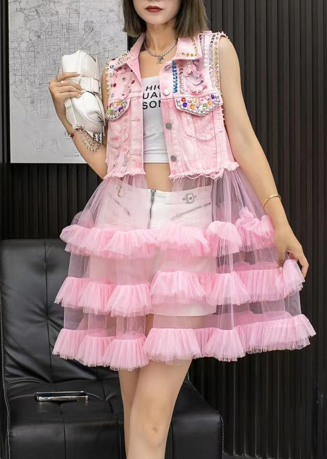 Pink Denim Waistcoat Patchwork Tulle Mid Dresses Sleeveless