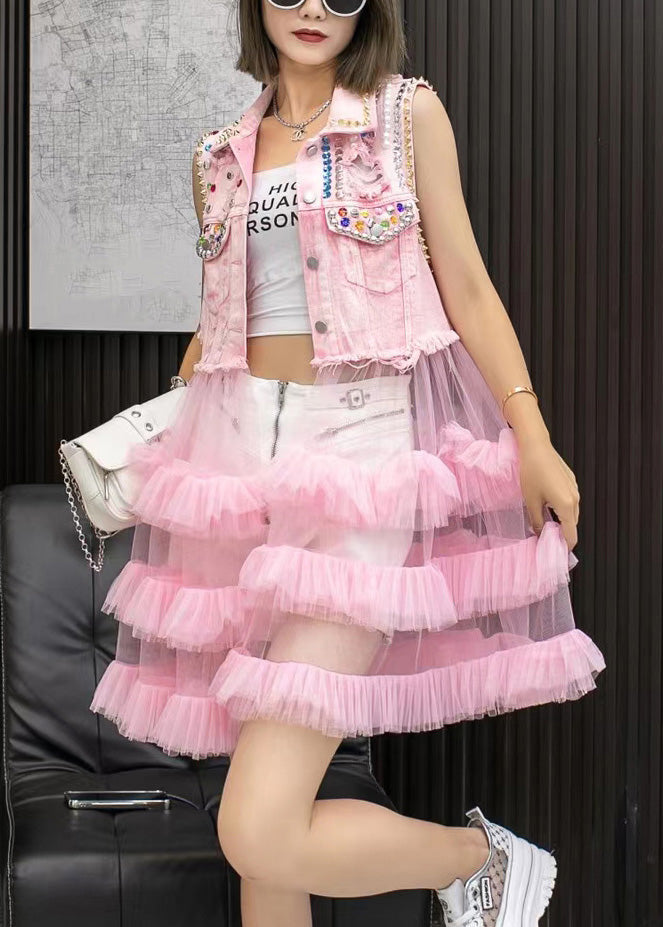 Pink Denim Waistcoat Patchwork Tulle Mid Dresses Sleeveless