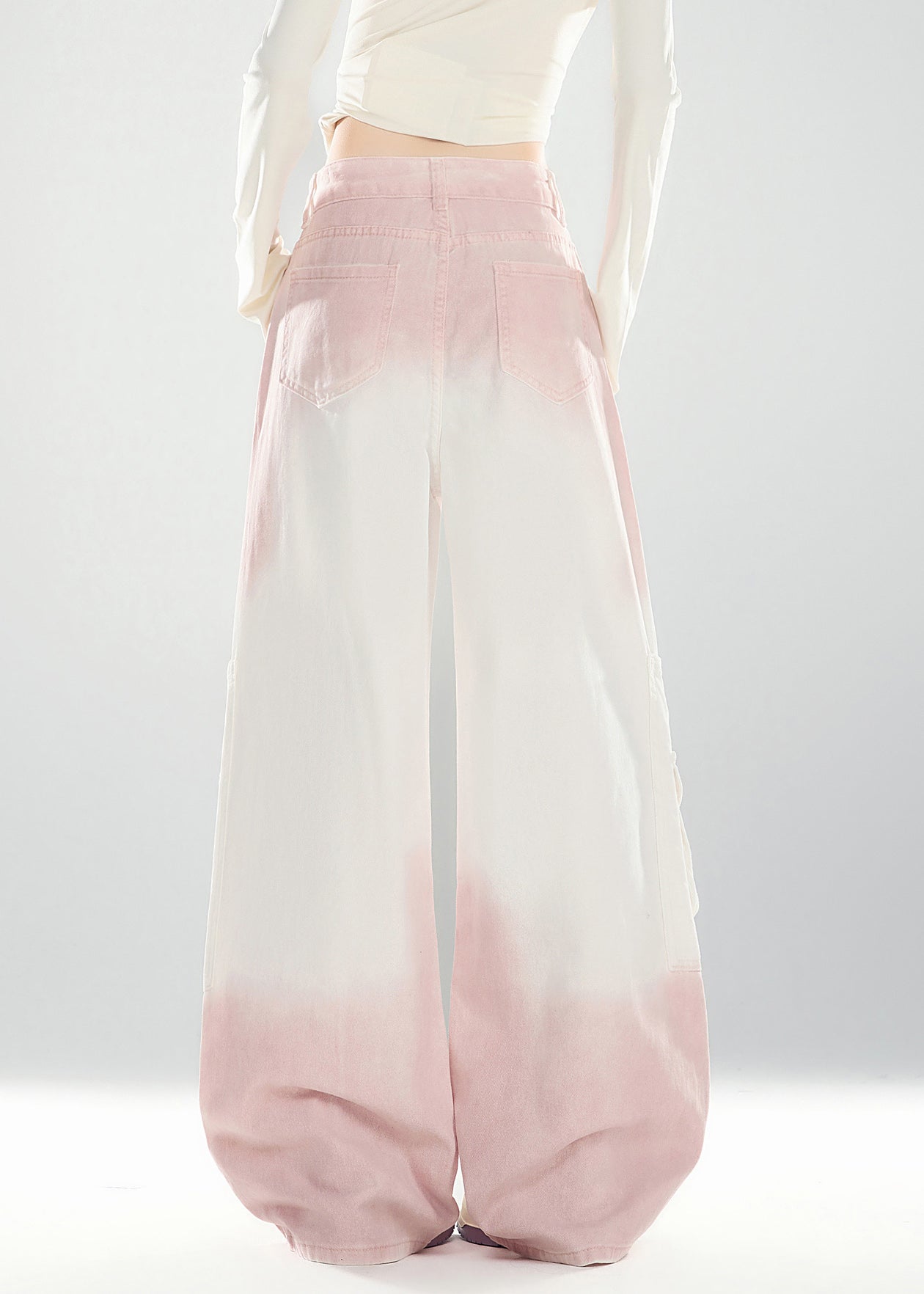 Pink Gradient Color Pockets High Waist Denim Pants Spring